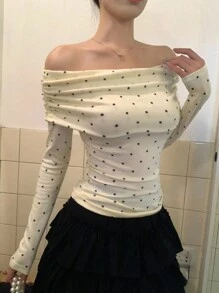 DAZY 女士露肩波点韩版优雅长袖T恤，春秋季 - 杏色 - 查看 3