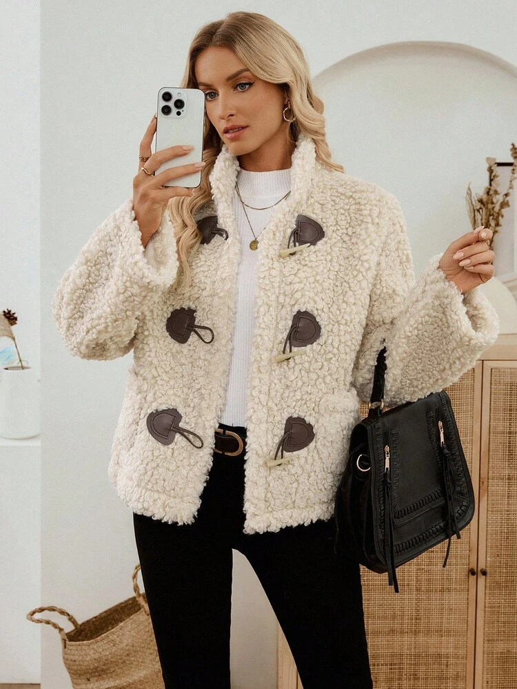 ターンロック デザイン ロングスリーブ ダブルポケット シェルパ テディジャケット、冬秋のお出かけ用