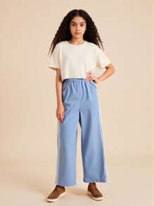 Explorewe Tween Girls' Casual Versatile Striped Straight Leg Pants - Blue - View 7