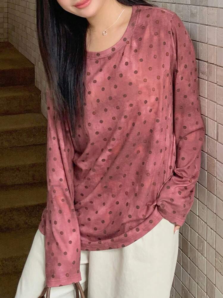 Dazy Plus Asymmetrical Print Round Neck Polka Dot Loose Casual Blouse, Plus Size For Women Long Sleeve Top