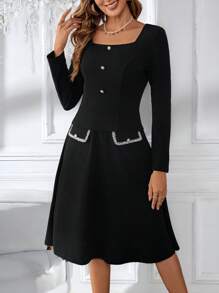 EMERY ROSE Christmas Women 2pcs Women Casual Front Button Blouse With Skirt Set - Black - View 1
