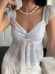 CovetEZ Women Lace Ruffle Hem Sweetheart Neck Cap Sleeve Elegant T-Shirt,Rave Top,See Through Top,Summer Tops - Blue - View 3