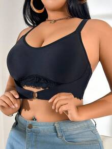 SHEIN 1 件大码蕾丝拼接无钢圈文胸 - 黑色 - 查看 4