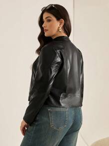 Auralis 大码女装秋冬时尚设计休闲宽松舒适日常百搭黑色PU皮摩托车夹克，秋季、街头风、Y2K、冬季、返校季、西部风女装、秋季外套、外出 - 黑色 - 查看 2