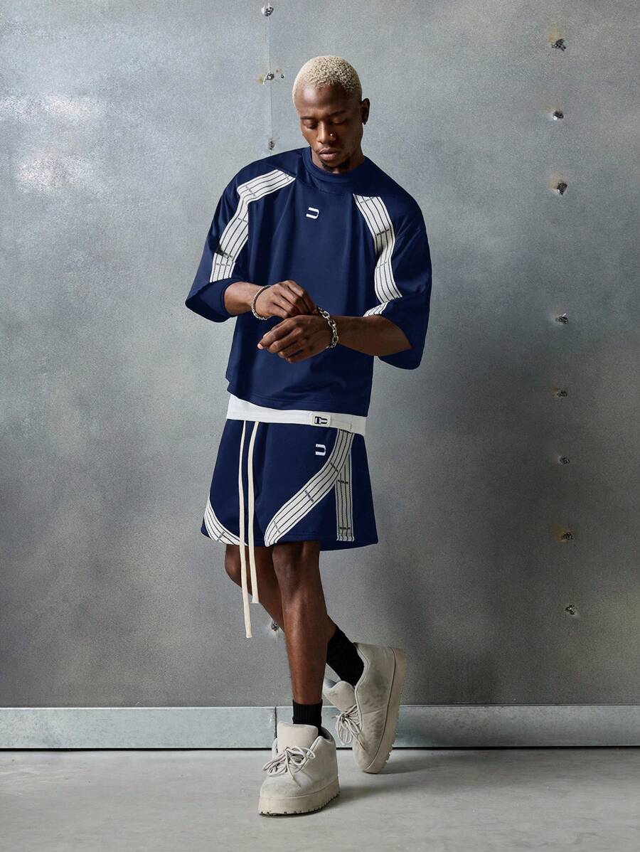 NEON BLANC 男士街头时尚刺绣字母针织腰带短裤 - 藏蓝色 - 查看 1