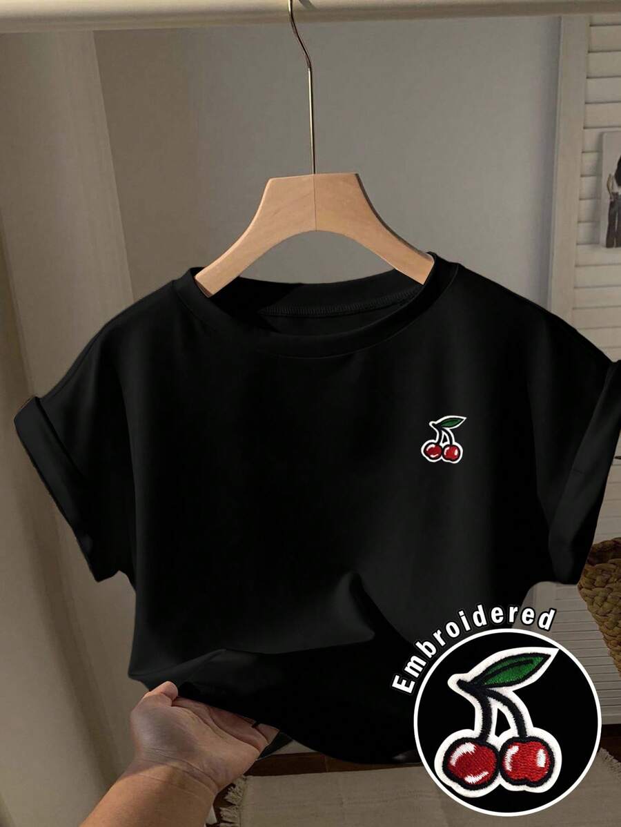 Comfortcana Áo thun nữ tay ngắn màu đen họa tiết quả anh đào tối giản giản dị, phù hợp cho mùa hè - màu đen - Xem 1