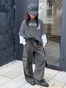 DAZY Tween Girls' Cargo Pocket Wide Leg Loose Casual Versatile Jeans - Grey - View 2