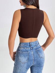SHEIN PETITE Summer Tank TopsSolid Button Front Crop Waistcoat Chocolate Brown Top In Fall/Winter