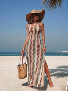 Swim Vcay Women's Contrast Stripe Side Slit Elegant Sexy Cover-Up Dress For Summer Beach Vacation - Multicolor - View 4