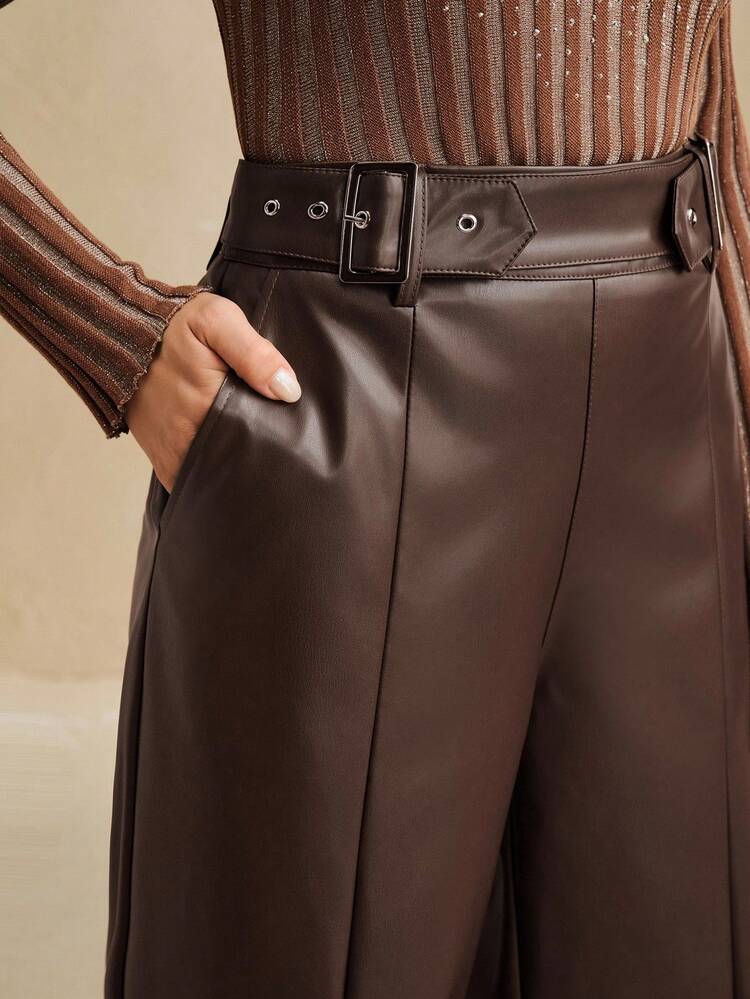 Anewsta Women's Brown Belted Slim Fit Faux Leather Straight Leg Pants, Suitable For Spring To Summer