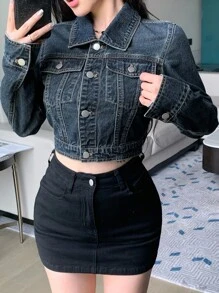 DAZY 女士休闲宽松牛仔夹克，大口袋，短款街头风格长袖外套，适合秋冬季 - 深色水洗藍 - 查看 6