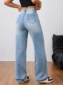 SHEIN Tall 女式高腰男友风做旧浅蓝色水洗 Y2K 牛仔裤 - 藍色 - 查看 2