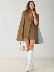 Enchnt Women's Fashionable Elegant Elegant Solid Color Shawl Neck Cape Sleeve Blazer Dress In Fall/Winter - Brown - View 7