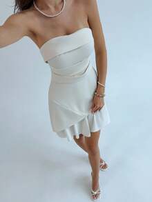 Aloruh New Minimalist Fashion Commuter Sleeveless Pleated Design 2 In 1 Mini Slim A-Line Dress - Apricot - View 3