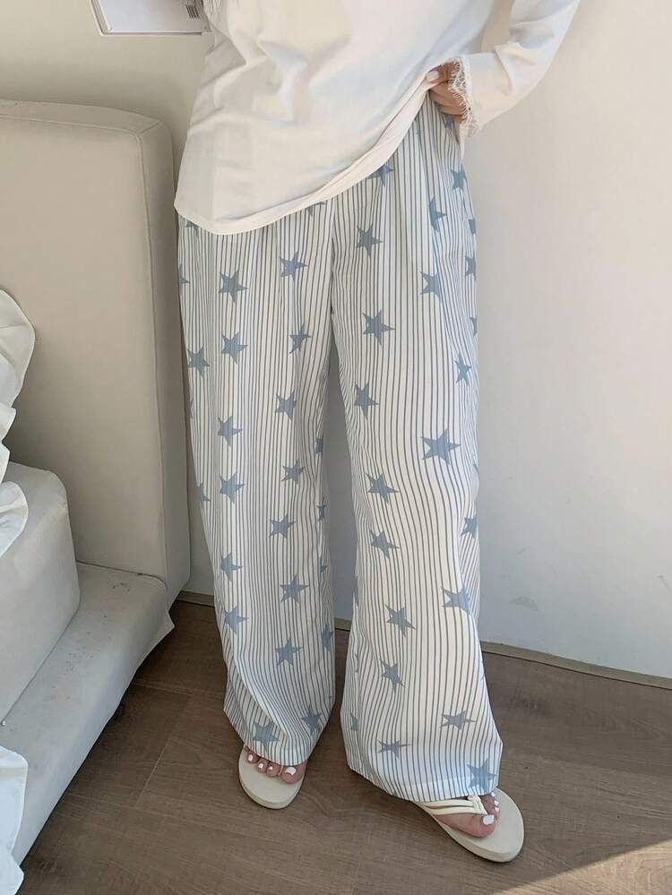 Dazy Plus Plus Size Elastic Waist Striped Star Print Loose Straight Pajama Bottoms, For Fall & Winter, Cozy