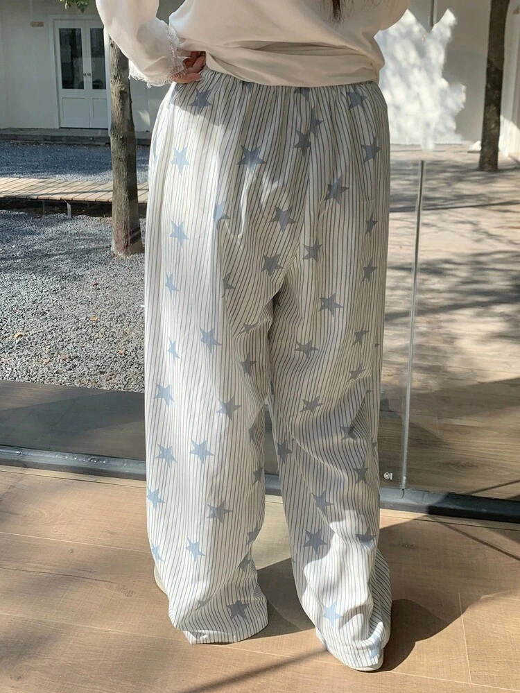 Dazy Plus Plus Size Elastic Waist Striped Star Print Loose Straight Pajama Bottoms, For Fall & Winter, Cozy