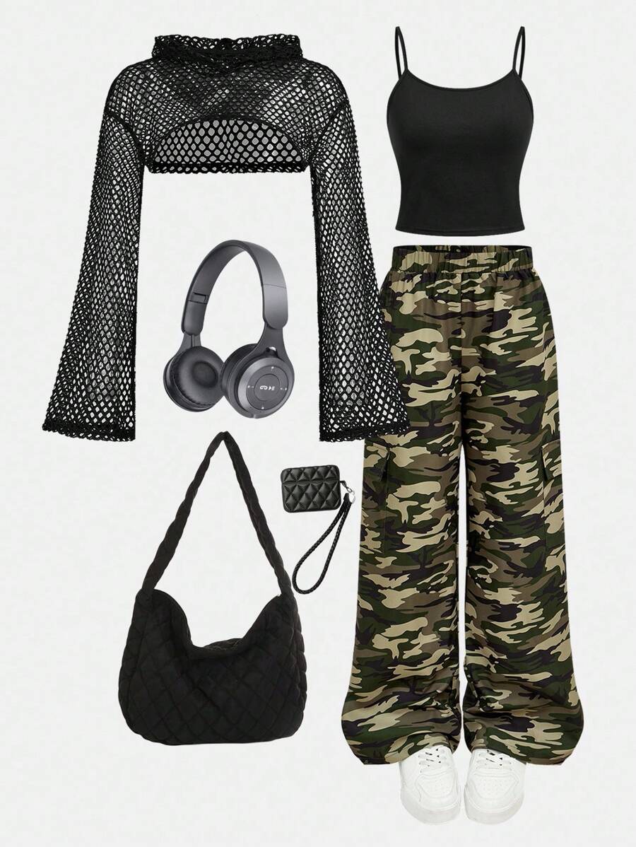 SHEIN Girlism 3 件套青少年女孩连帽网眼短款上衣、吊带背心和迷彩工装裤，休闲街头风格服装，秋季 - 彩色 - 查看 1