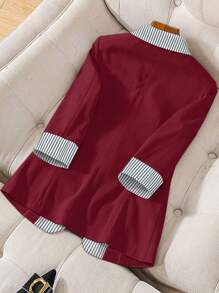 Franclia 女士秋冬条纹拼布长袖纽扣西装外套、休闲和办公室服装 - 酒紅色 - 查看 2