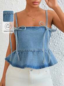 EURMUSE WOMEN RIBBON STRAPPY SHIRRED DENIM TOP - Light Wash - View 1