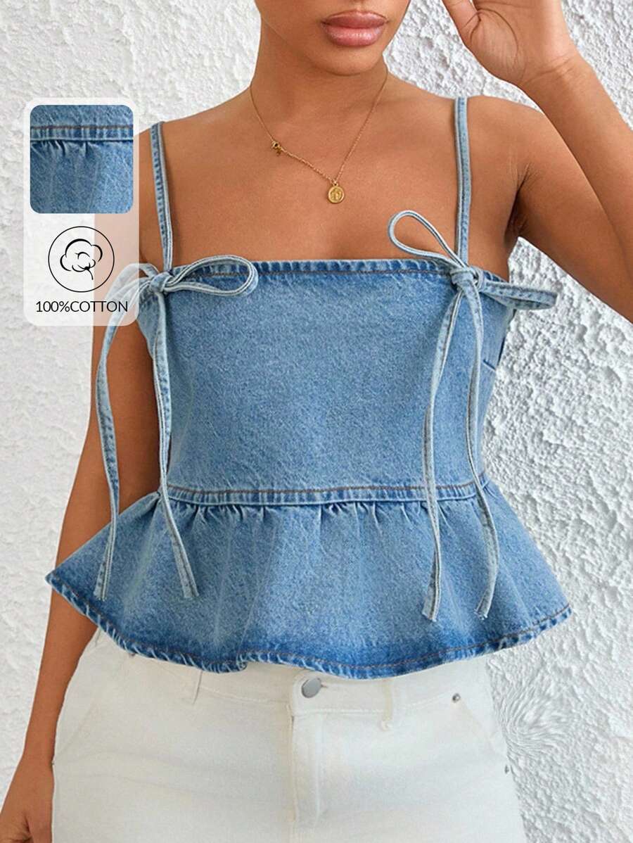 EURMUSE WOMEN RIBBON STRAPPY SHIRRED DENIM TOP - Light Wash - View 1