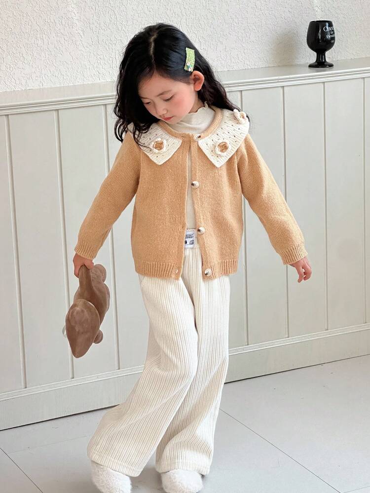 Young Girl Colorblock Floral Decor Cardigan