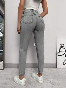 EURMUSE 100% Baumwolle Zerrissene, ausgefranste, ausgeschnittene Skinny Jeans - Grau - Übersicht 2