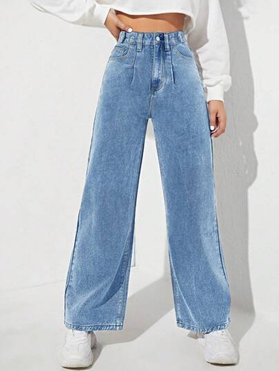 SHEIN EZwear 女士口袋装饰阔腿宽松休闲百搭牛仔裤