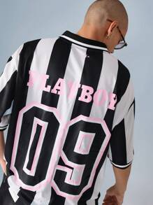 PLAYBOY X SUMWON 常规版型黑白条纹图案复古风格运动衫短袖休闲街头学院风运动 T 恤 - 黑與白 - 查看 3