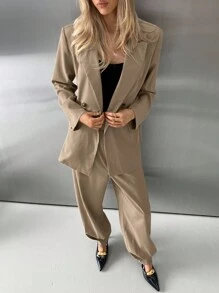 Aloruh Women's Elegant Khaki Summer Business Casual Office Suit Set,Long-Sleeved Jacket,High Waist Wide-Leg Pants,Simple Basic Commuting 2pce Autumn/Winter - Khaki - View 9
