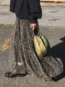 FRIFUL Women's Elastic Waist Sheer Leopard Print Pleated Hem Casual Versatile Skirt, Autumn - Brown - View 2