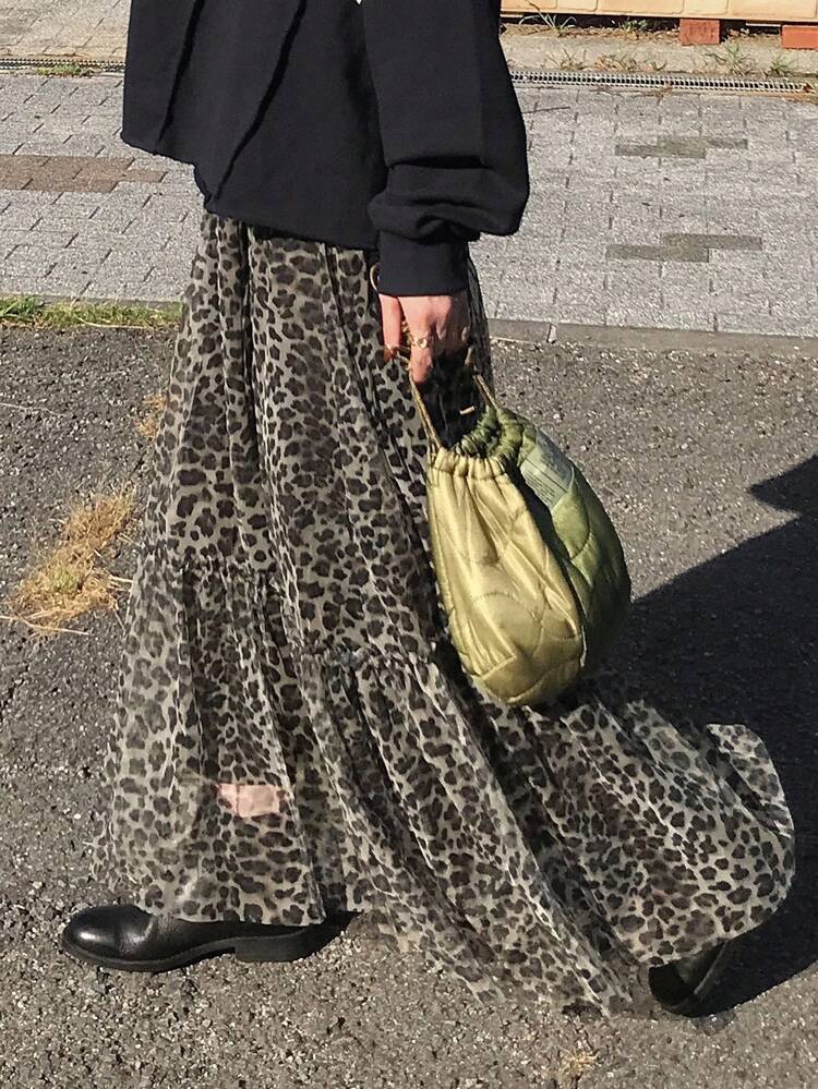 Women's Leopard Print Ruffle Hem Casual Skirt