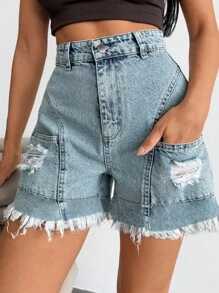 EURMUSE Woman High Waist Summer Frayed Short - Light Wash - View 5