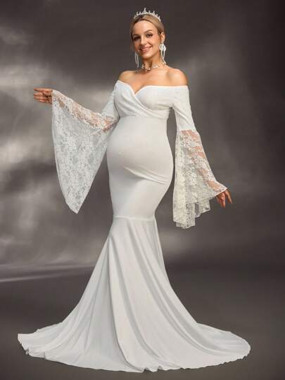 Cheriluna Maternity Maternity Photoshoot Dress/Elegant Party Dress/Baby Shower Dress - Off Shoulder, Exaggerated Asymmetric Long Sleeve, Lace Patchwork Maxi Dress