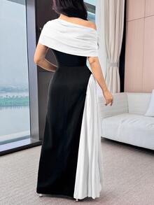 Modelyn 女士优雅连衣裙，撞色、不对称肩部、侧开衩、褶边 - 黑與白 - 查看 2