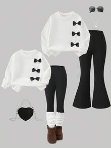 2 件套女童度假休闲优雅蝴蝶结拼接长袖运动衫和喇叭裤套装 - 白色 - 查看 3