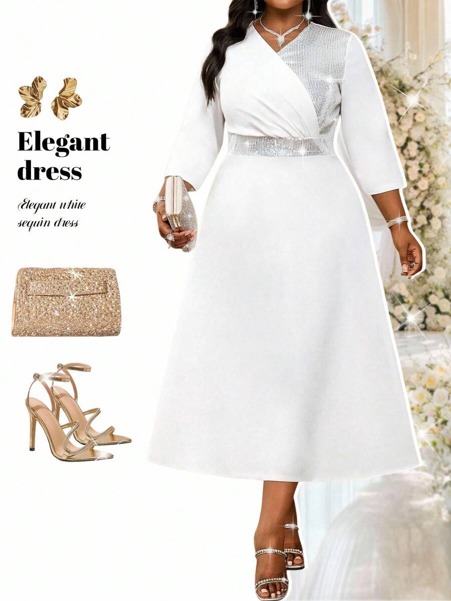 Fleurora 大码优雅白色亮片拼接连衣裙 春夏优雅白色复古工作婚礼招待会情人节新年派对针织深V领水钻荷叶边新款修身连衣裙 大码连衣裙 正式舞会礼服 大码连衣裙 女士派对礼服 女士教师装 秋季女装 - 白色 - 查看 1