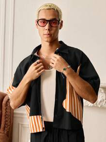 SWAVVY Camisa de manga corta casual con bloques de color y rayas para hombre, de verano