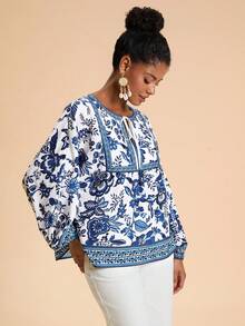 Travachic 女士印花系领宽松度假衬衫，长袖蓝白印花上衣，蓝白印花女式夏季衬衫，波西米亚风衬衫，田园风衬衫，休闲女装，秋季女装，时尚秋季，外出，乡村风格女装 - 藍白色 - 查看 5