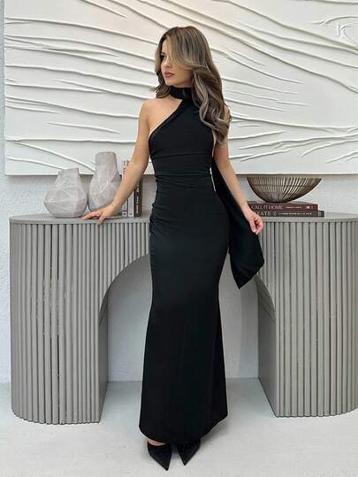 Jemour Vestido de satén negro elegante y formal para eventos sociales como graduaciones, cenas de gala, bodas, con cuello asimétrico, espalda descubierta y drapeado