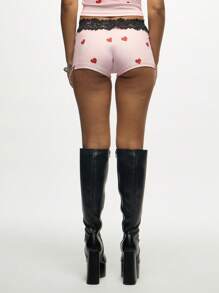 SUMWON WOMEN 情人节心形印花热裤短裤黑色蕾丝边中腰派对俱乐部节日海滩夏季休闲装蜜月睡衣 - 粉色 - 查看 2