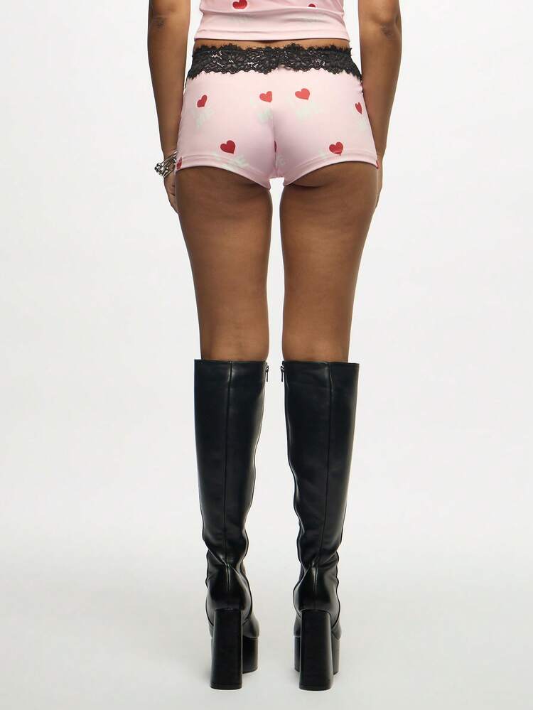 SUMWON WOMEN Heart Print Hot Pants With Black Lace Trim