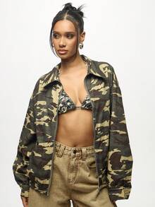 SUMWON WOMEN Oversized Camouflage Bomber Jacket Military Print Casual Fall Winter Zip Up Streetwear Outerwear With Elastic Hem And Cuffs