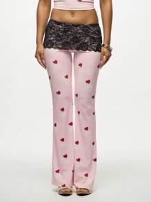SUMWON WOMEN 粉色心形印花休闲裤高腰阔腿蕾丝边分层舒适裤喇叭裤阔腿风格节日情人节主题 - 粉色 - 查看 1