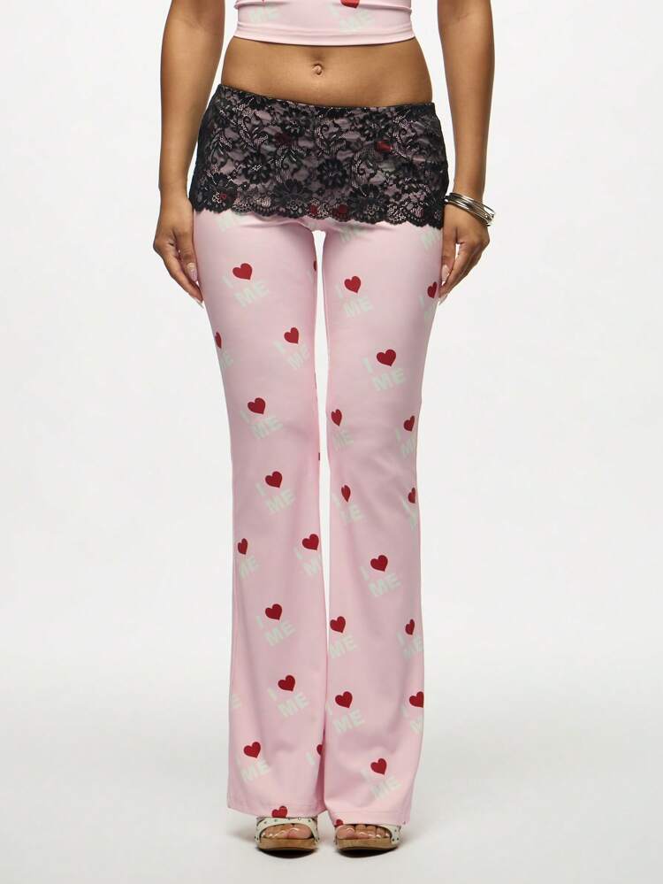 SUMWON WOMEN Hearts Print Wide Leg Pants With Black Lace Trim