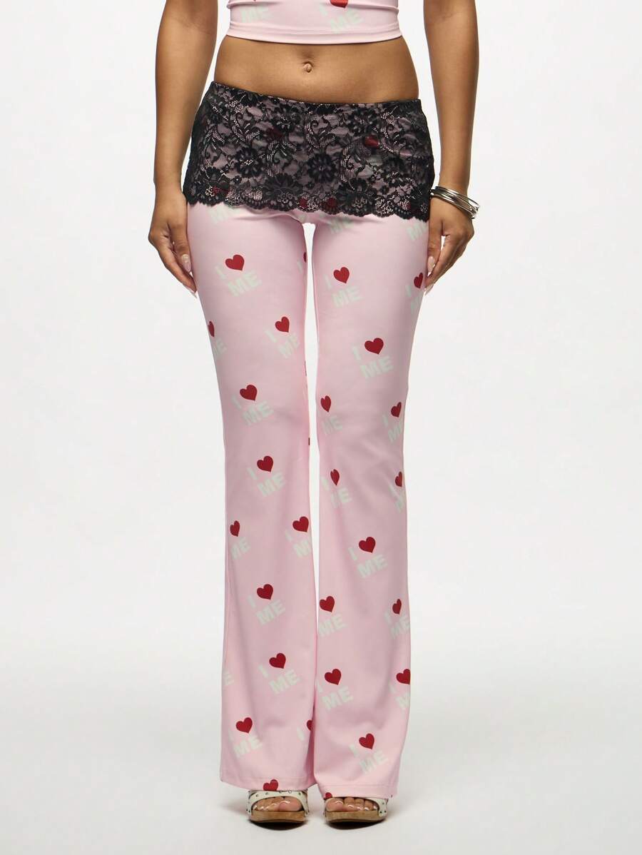 SUMWON WOMEN 粉色心形印花休闲裤高腰阔腿蕾丝边分层舒适裤喇叭裤阔腿风格节日情人节主题 - 粉色 - 查看 1