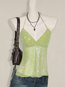 SHEIN ICON Women's Y2K Sexy Floral Lace Backless Camisole Lime Green Top Sequin Top