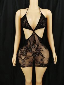 SHEIN 女士性感内衣网纱透明黑色连衣裙镂空内衣蕾丝内衣透视内衣外出内衣 - 黑色 - 查看 8