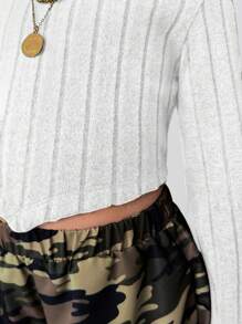 SHEIN Young Girl Casual Knit Long Sleeve Top And Camouflage Long Pants Set Girls Camo Pants Girls Cargo Pants Girls Outfit Sets Crop Top Girls Outfit Set - White - View 3