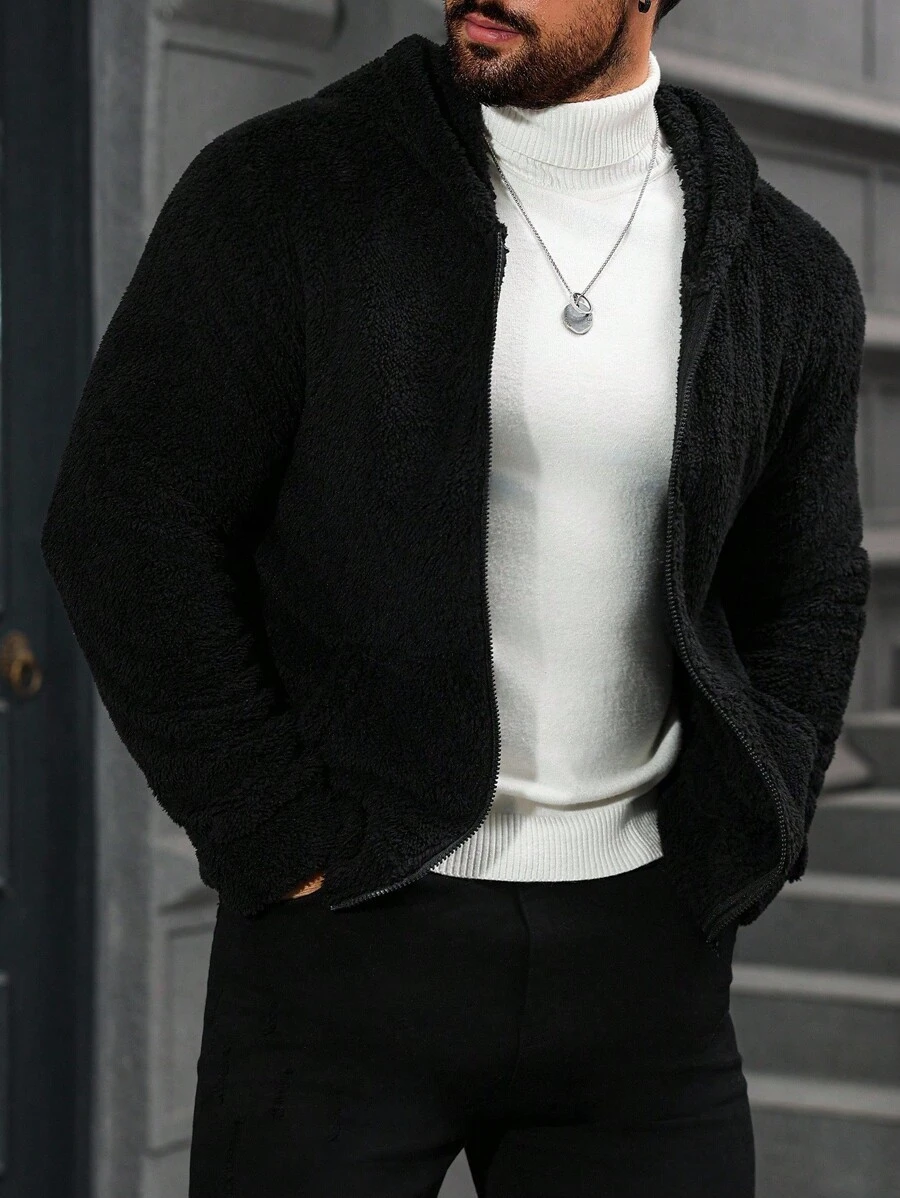 Manfinity CasualCool 男士长袖休闲纯色连帽外套,秋冬季百搭抓绒外套,黑色 - 黑色 - 查看 1