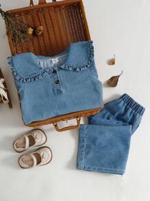 SHEIN 女童休闲简约翻领荷叶边长袖上衣和裤子套装，秋冬装 - 藍色 - 查看 4